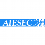 AIESEC concordia student union logo, blue line with blue caricatures of people walking out of the line