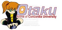 Otaku Student Association logo, anime girl sitting down crossing her legs