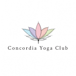 Concordia yoga club logo, White background with a multicolored lotus in the front