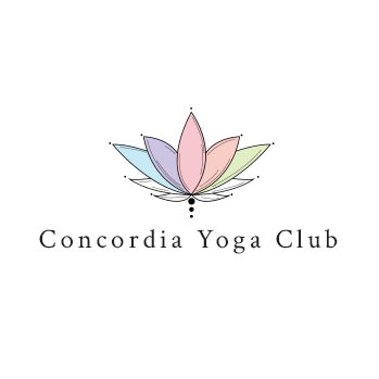 Concordia yoga club logo, White background with a multicolored lotus in the front